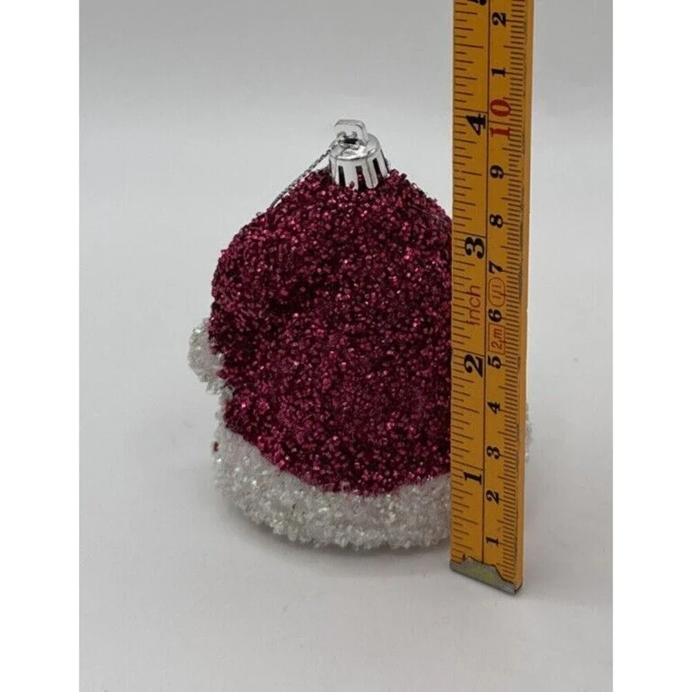 Santa Claus Hat Christmas Tree Ornament Pink Glitter 3.5